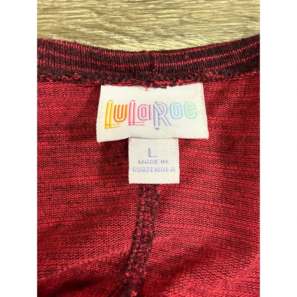 LuLaRoe Cardigan Kimono Womens Large Burgundy Black‎ Striped Hi Lo Open Front